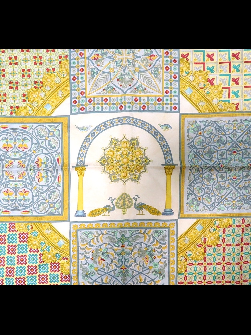 Hermes Yellow, Blue and Green Silk Scarf with Geometric Medallion Motif - Picture 2 of 13